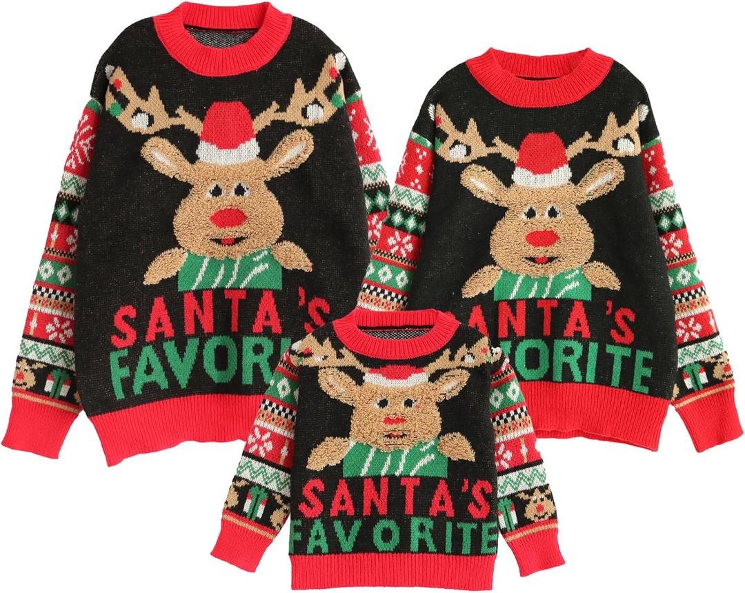 IFFEI Ugly Christmas Sweater for Women Men Kids Cute Family Matching Pullover Knit Jumpers for Holiday Party (Large, Black- Red)