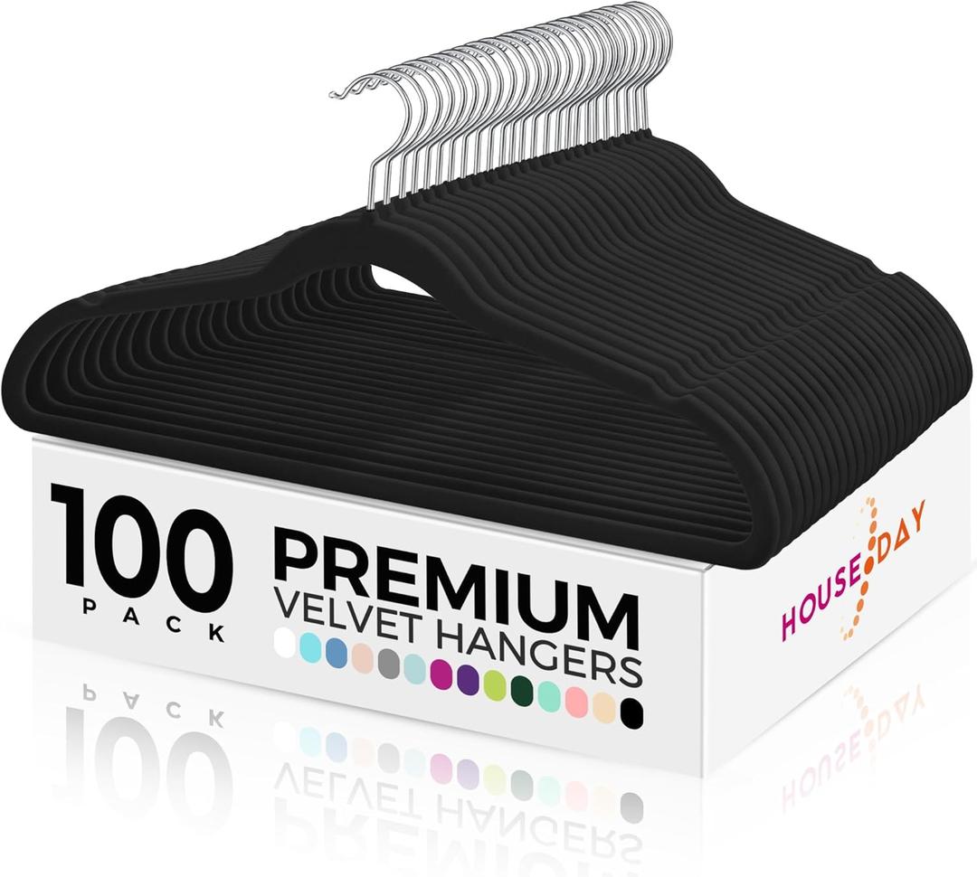 House Day Premium Velvet Hangers, Non-Slip Flocked Felt, Sturdy Coat & Suit Hangers for Closet Space Saving (100 Pack, Black)