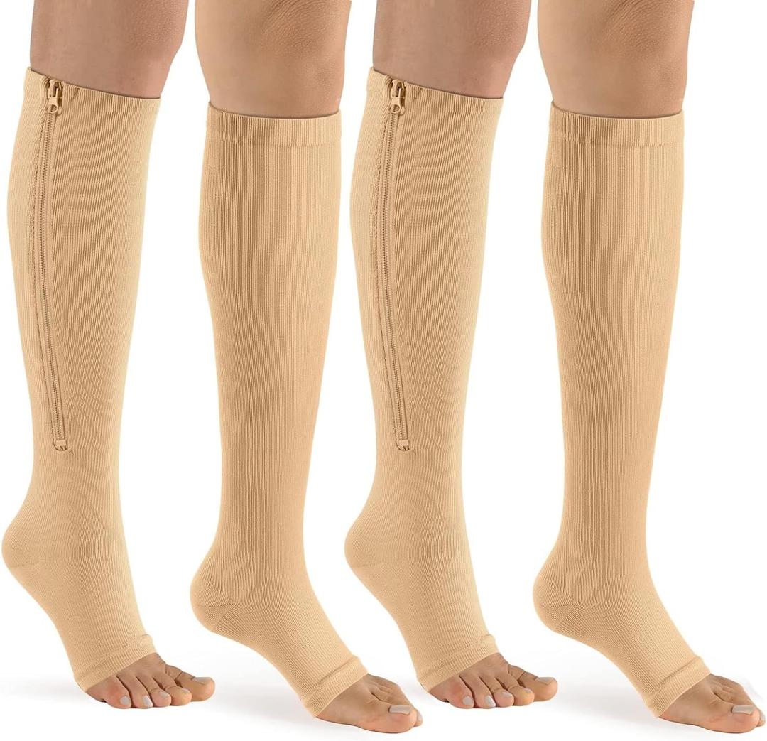bropite Zipper Compression Socks Women & Men - 2Pairs Calf Knee High 15-20mmHg Open Toe Compression Stocking suit for Walking, Large-x-large, B- Nude