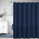 BTTN Extra Long Linen Shower Curtain - 72x96 Inch Long Shabby Chic Heavy Duty Fabric Shower Curtain Set with Ruffle Hem, Tall Farmhouse Vintage Cloth Shower Curtains for Bathroom Decor - Navy Blue