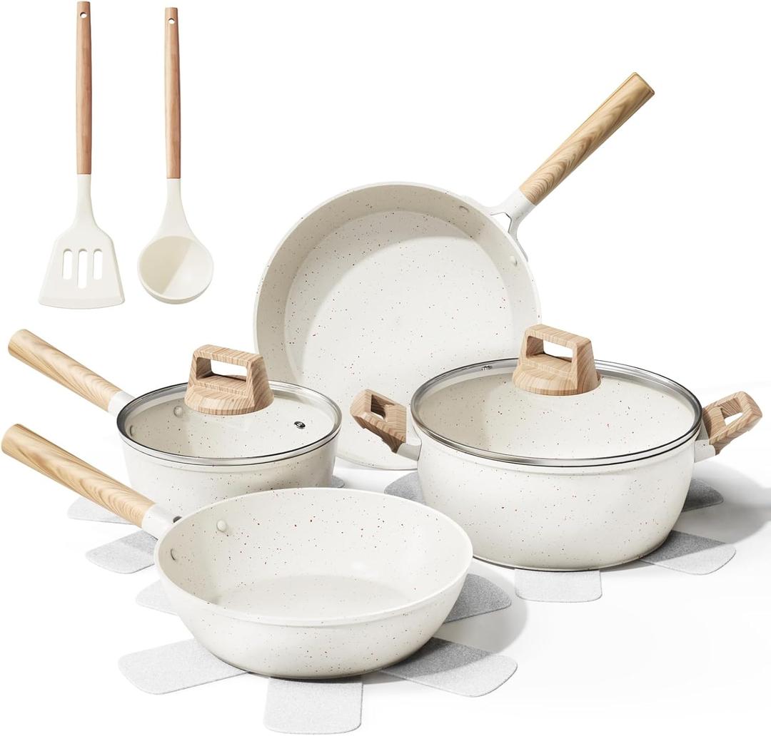 11 Pcs Pots and Pans Set Non Stick with Large Capacity, Ceramic Cookware Set with Utensils, Healthy and Non Toxic, All Stoves Compatible Include Induction, PTFE/PFAS/PFOA Free, Cream White