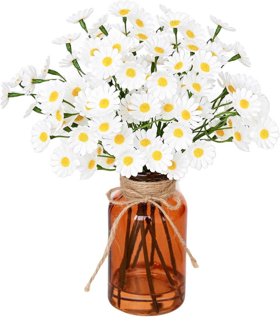 Muhanjia Artificial Daisy Flowers in Amber Glass Vase with Faux Water,9Pcs White Artificial Silk Flowers with Stems for Centerpiece (Daisy)
