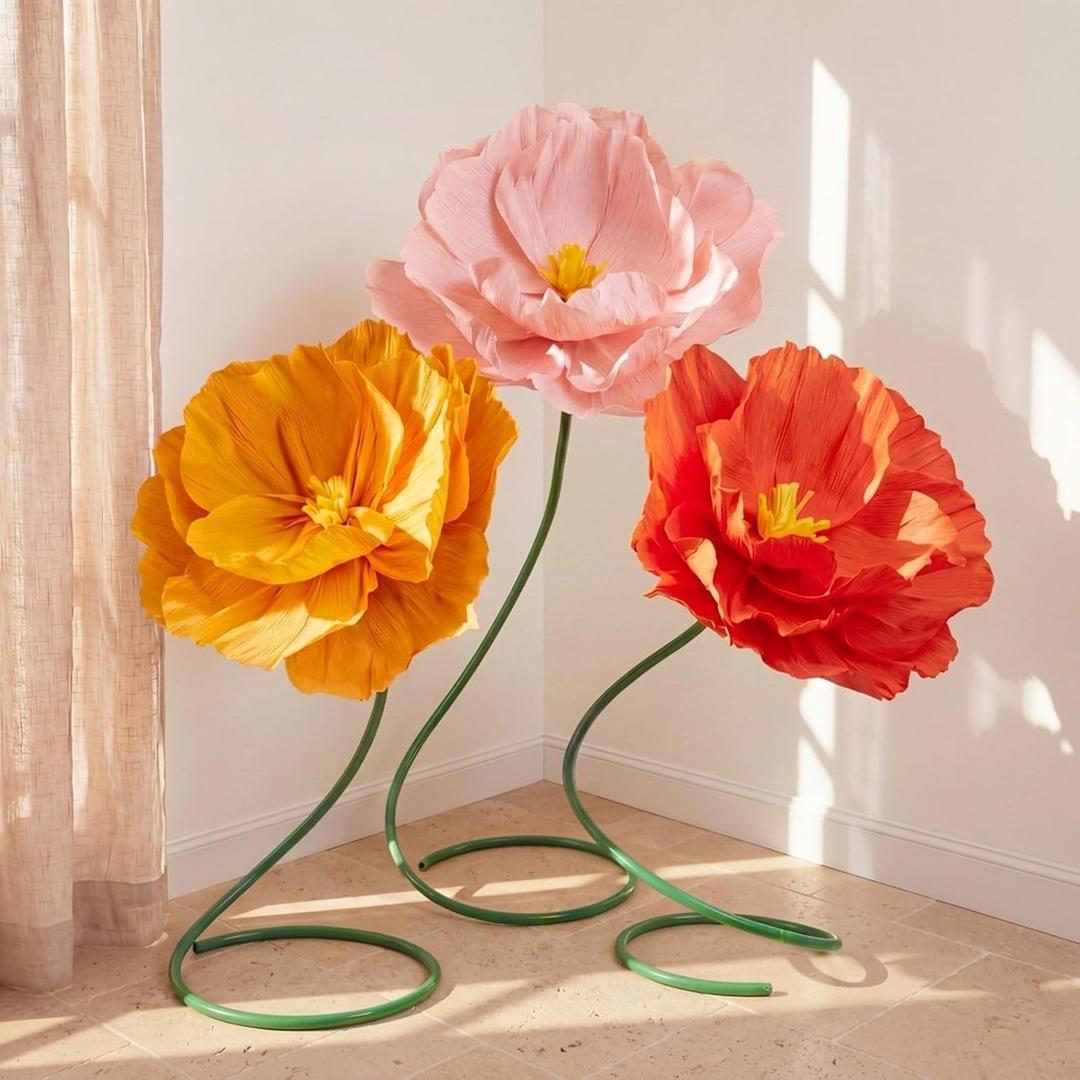 3pcs 5ft Large Mix Color Poppy Flowers Giant Artificial Poppy Standing Huge Handcrafted Decoration for Garden Hotel Office Wicked Birthday Wedding Bridal Shower Art Gallery Shop Window Display