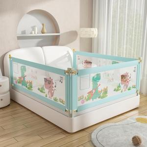 Bed Rail for Toddlers Twin, Full, Queen, King & Cal kingMattress Size | Swing Down Rail Guard | Mattress Side Rail for Kids (Blue Dinosaur, (3 Sides for Cal King) 86x86x75 Inch)