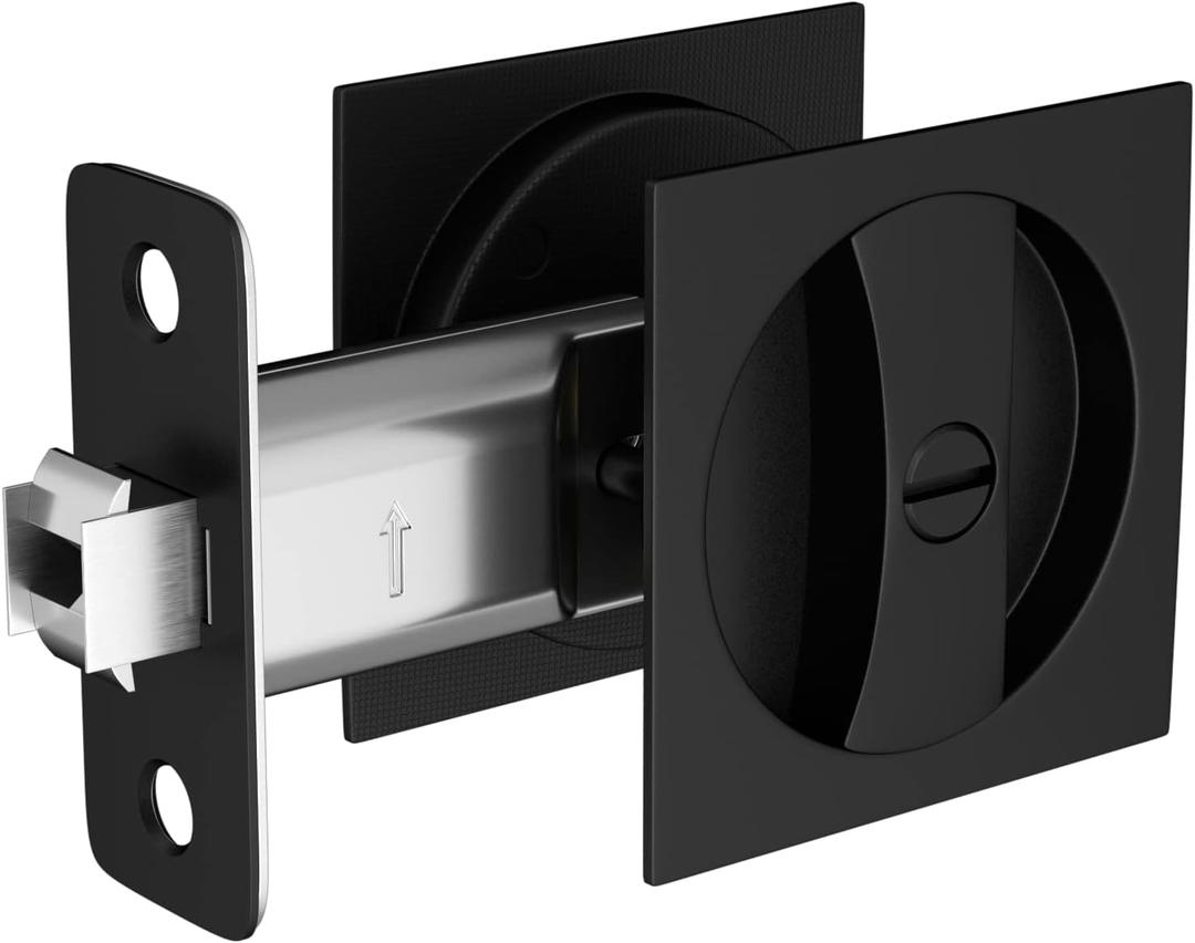 goldenwarm Bed/Bath Pocket Door Lock, Matte Black Contemporary Privacy Square Pocket Door Hardware(2-3/8" Backset), Black Flush Pocket Door Latch(1 Pack) (Privacy 1 Pack)