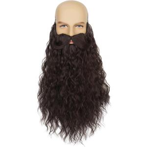 Yan Dream Long Curly Wizard Beard Men Full Fake Beard and Handlebar Mustache Cosplay Costume Facial Hair (Brown)