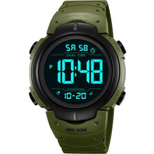 PASOY Mens Women Digital Watch Big Dial Light LED Swim Waterproof Rubber Band Alarm Black LED Watches 50MM (Army Green)