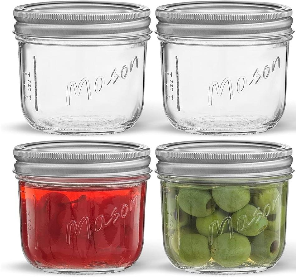 JoyJolt 8 Oz Mason Jars With Lids, Labels and Measures! 4-Pack Wide Mouth Mason Jars, Glass Jar with Lid and Band. Airtight Canning Jars, Overnight Oats Jars, Salad Jars, Sourdough Starter Jar