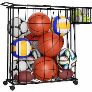 Multi-Sport Ball Storage Cart with Side Basket for Gloves & Tennis; Gravity-Access Elastic Straps for Kids; Rolling Garage Organizer Rack for Basketballs, Soccer & Yoga Mats - Multi-Athlete Families