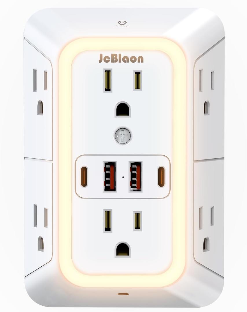 Wall Outlet Extender with Night Light, Power Plug Adapter 6 Outlet Extender with 4 USB Charging Ports 1050J Power Strip Multi Plug Adapter Spaced for Home Travel Office (2U2C) (White-1PC)