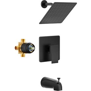 Shower Faucet Set, Black Tub Shower Faucet with All-Metal 8-Inch Rainfall Showerhead and Bathtub Spout, Single-Handle Tub Shower-Trim Kit with Valve, Matte Black Shower Faucet Set, Black Tub Shower Faucet with All-Metal 8-Inch Rainfall Showerhead and Bathtub Spout, Single-Handle Tub Shower-Trim Kit with Valve, Matte Black