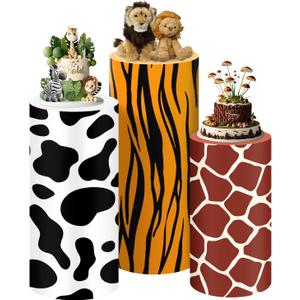 SaitiMade Set of 3 Jungle Safari Theme Cylinder Pedestal Stand Covers, 3pcs Spandex Jungle Zoo Animals Cylinder Stand Covers for Party, Wedding or Birthday Event Decor (Only Contains Cylinder Covers)