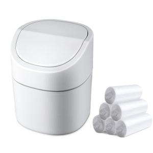 Mini Desk Trash Can with Lid with Trash Bags 180 Pcs Swing-Lid Tiny Countertop Garbage Bin Small Table Top Plastic Covered Waste Basket (White)