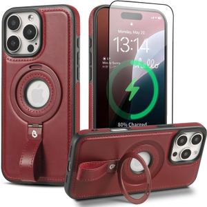 Magnetic Ring Grip Holder for iPhone 14 Pro Max Case | Protective iPhone 14 Pro Max Leather Case | Compatible with MagSafe | Built in Kickstand (Burgundy, IP 14 Pro Max-6.7inch)