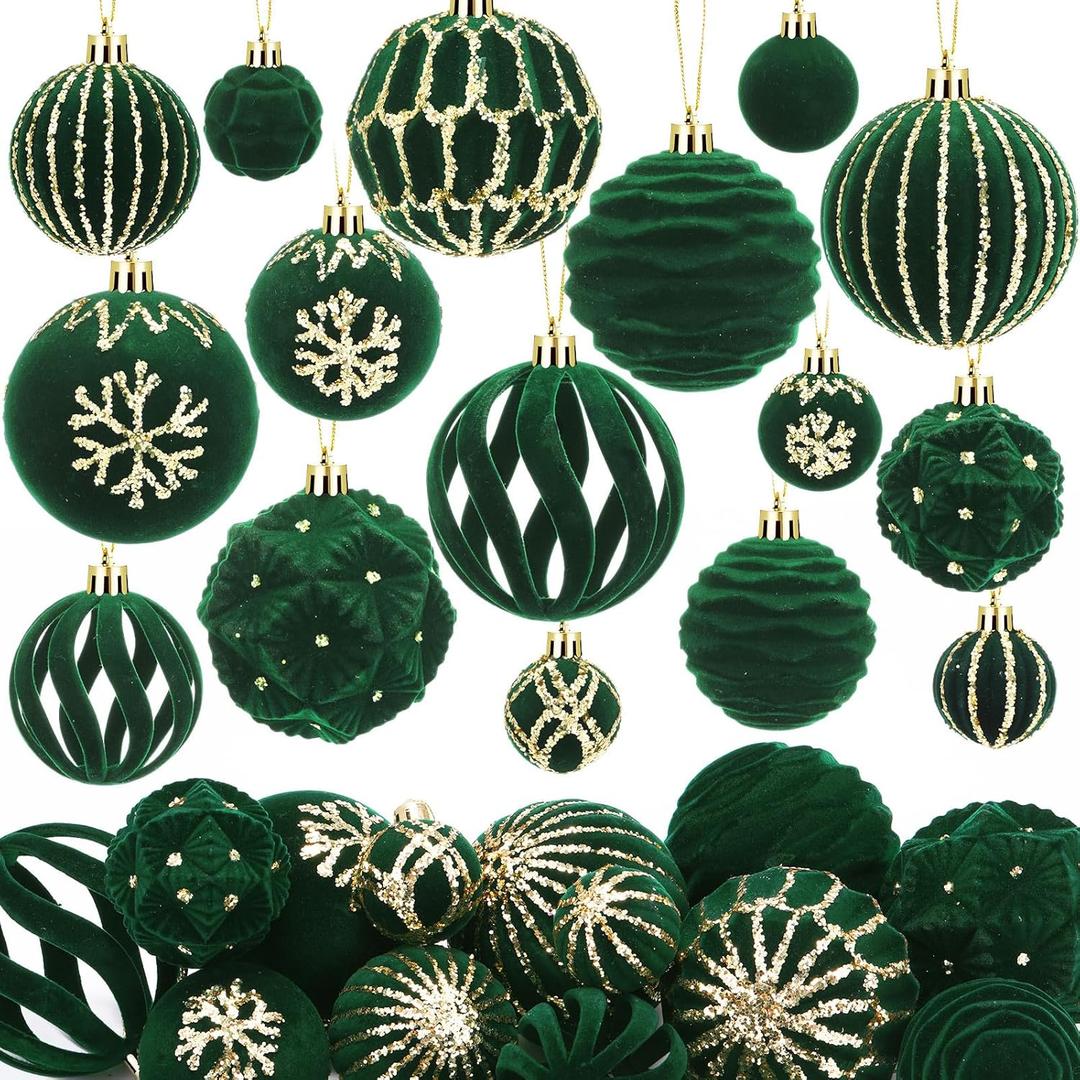 Soulchen 36 Pcs Hunter Green Velvet Christmas Balls Ornaments Set Flocked Shatterproof Plastic Christmas Ornaments Vintage Glitter Ball Decoration for Xmas Wreath Garland Mantle Stairs Railing