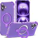 for iPhone 16 Case with Magnetic Invisible Stand [Compatible with Mag-Safe] [Military Drop Tested] Translucent Matte 16 Cover with Good Grip Curly Wave Edge for Women 6.1'', Purple