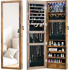 LED Jewelry Cabinet with Mirror - 47.3" Mirror Jewelry Armoire Door Hanging/Wall Mounted Mirror with Storage And Drawers Rustic Brown