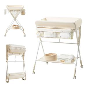Diaper Changing Table, Portable Baby Changing Table with Wheels, Folding Toddler Changing Table with 3-Level Adjustable Height, Portable Changing Table with Storage Oatmeal