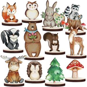 Geetery 12 Pcs Woodland Animals Wooden Animal Cutout Shapes Forest Painted Woodland Baby Shower Decorations Wild Creatures Wood Table Centerpieces for Forest Camp Party Supplies (Cute)