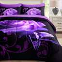 WONGS BEDDING Purple Comforter Set King, Reversible Purple Rose 7 Pieces Bed in a Bag, Lightweight Soft Microfiber Bedding Sets with Flat Sheet, Fitted Sheet, Pillowcases & Shams