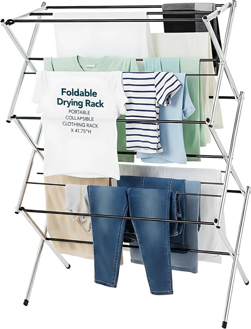 Displays By Jack Portable Collapsible Clothing Dryer Rack, Foldable Drying Rack for Clothes, Lingerie, Towels, Linens, Laundry Home Apartment Must Haves, Metal Chrome Finish, LxWxH: 29.5 x 14.5 x 41.75 inches