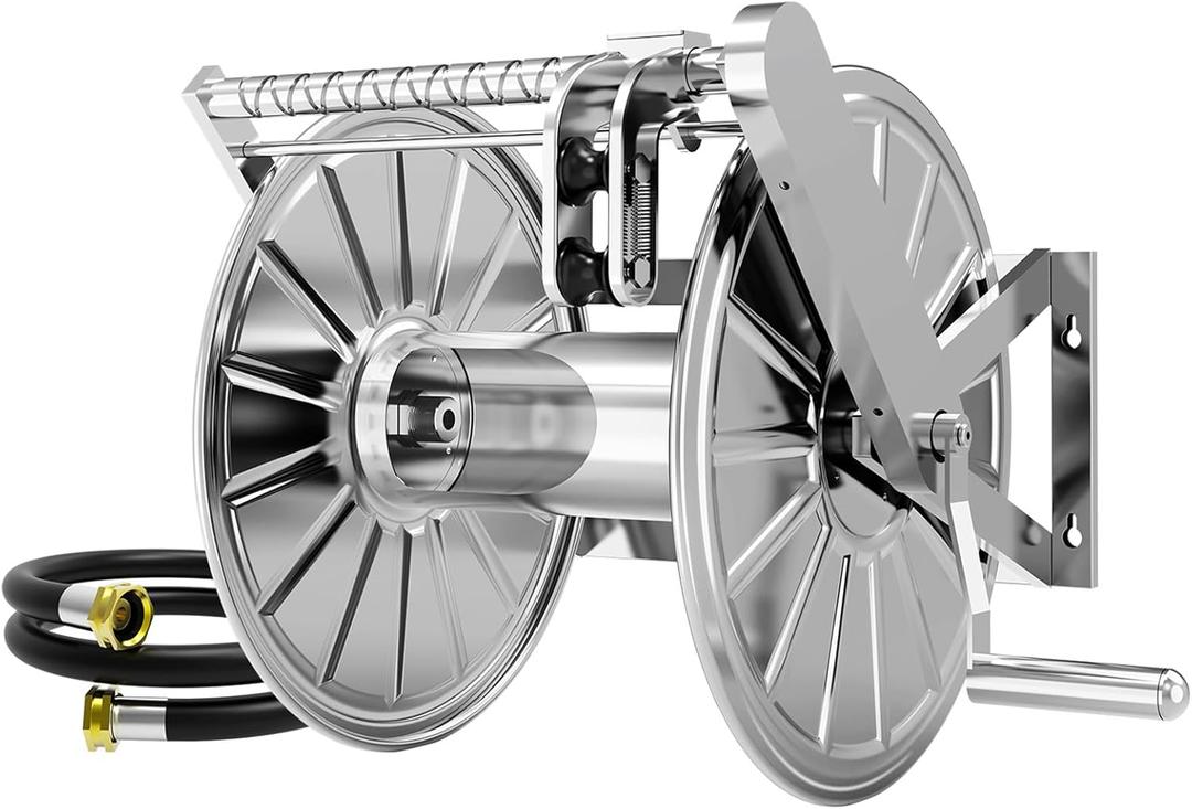 Stainless Steel Garden Hose Reel, Wall Mount Water Hose Holder, 150 Feet of 1/2 Inch Hoses Capacity, Hose Reels for Outside with 5 ft Inlet Hose and Crank