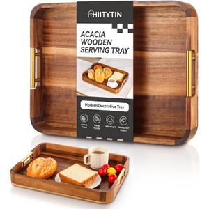 Wood Serving Tray with Metal Handles, Ottoman Tray Large Acacia Wooden Decorative Serving Tray for Coffee Table Living Room, 16.5" x 12.5" x 2.3"