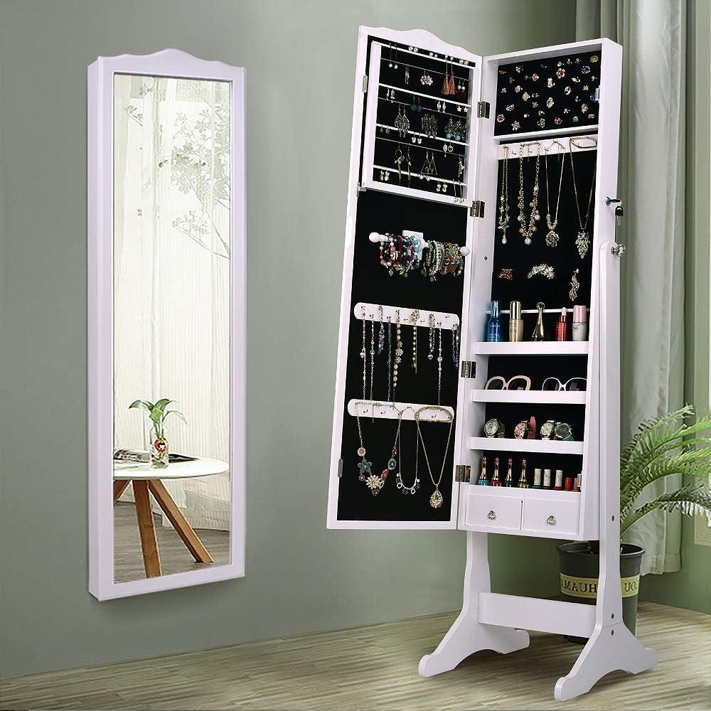 Dressing Mirror with Jewelry Box Full Length Mirror Jewelry Organizer Lockable Wood Standing Jewelry Armoire with Mirror