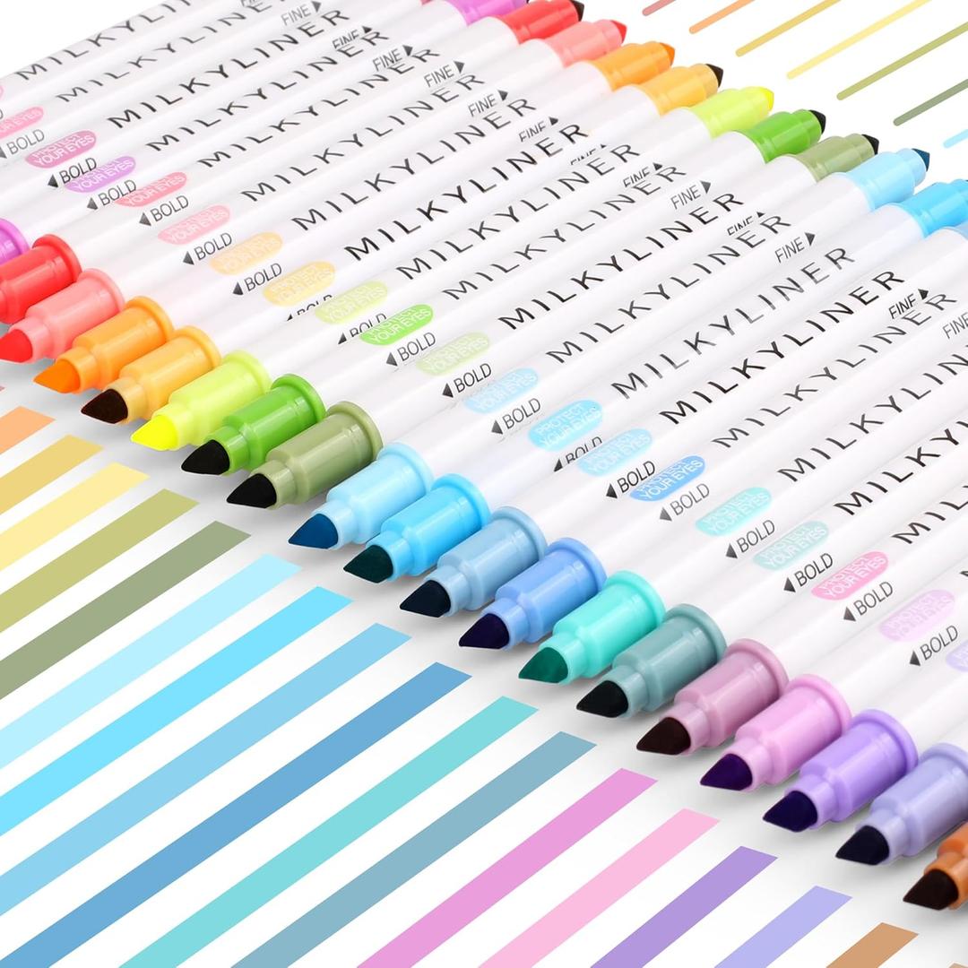HANKU Pastel Highlighters Set, 24 Unique Retro Colors, Quick Dry Dual Tip and Fine Tip No Bleed Highlighter Markers for Bible Journals Planners Books Notes