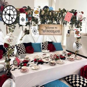Yinkin 14 Set Wonderland Tea Party Decoration Wonderland Theme Photo Backdrop Party Ornament Clock Hanging Banner Poker Cards Door Banner Teapot Garland for Birthday Supplies