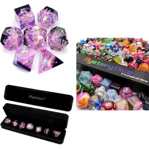 Haxtec Sharp Edge Dice Set Purple Galaxy Dice with Mystery DND Dice with Clear Dice Display Tube Bundle