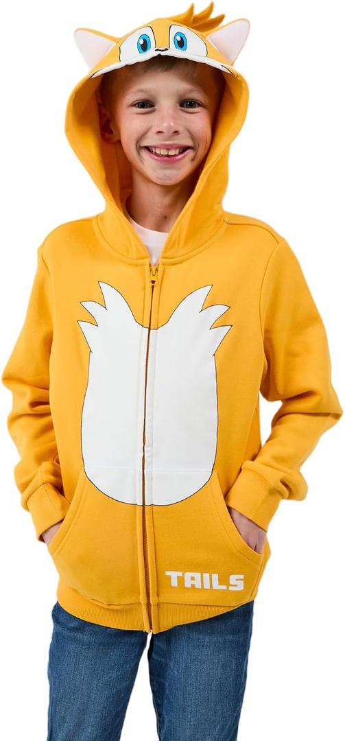 Bioworld Sonic The Hedgehog Hoodie Boys' Tails Character Design Full-Zip Sweatshirt (Yellow, L)