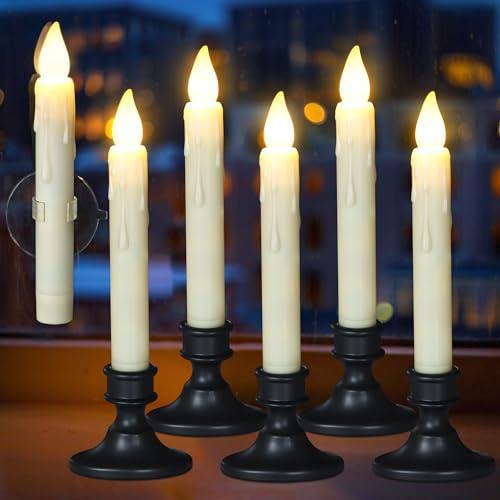 Daord 5 Pcs Sensor Dusk to Dawn Window Candles Flameless Flickering Candlesticks with Black Holders & Suction Cups Battery Operated Fake Candle for Christmas Home Decor (5pcs,Ivory)