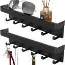 2 Pieces Key Holder for Wall Rustic Key and Mail Organizer 6 Key Hooks with Shelf Small Key Rack with Tray Adhesive Key Hanger Wall Mount for Entryway Hallway, Metal, Matte Black