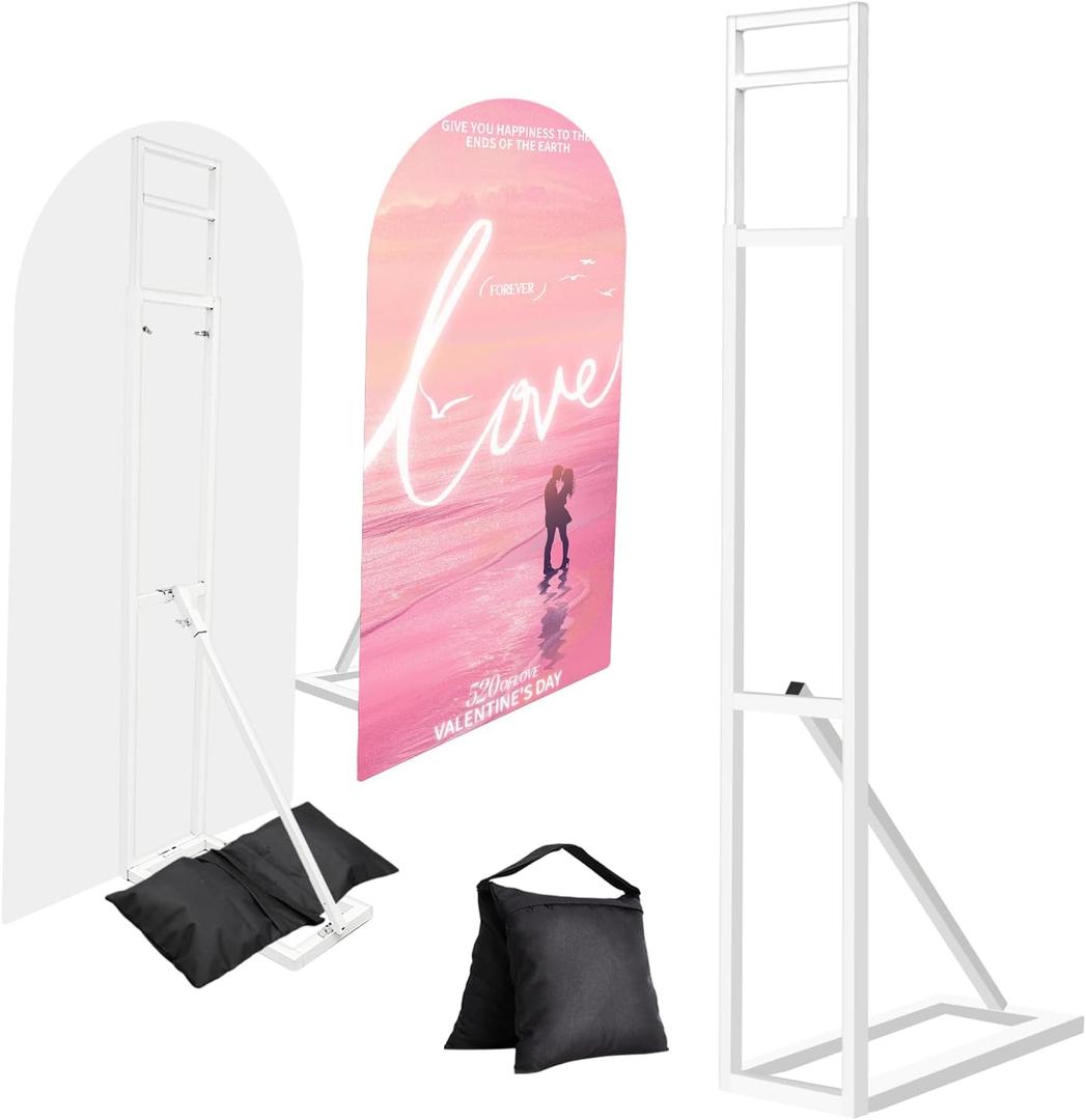 1 Pack White Wedding Backdrop Stand, Adjustable Metal Arch with Foldable Base and Weight Bag, Foam Board Display for Balloon Party and Event Decor (1.15–2m) (1)