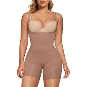 SHAPERX Open Bust Shapewear Tummy Control Bodysuits for Women Seamless Compression High Waisted Body Shaper (Small-Medium, Sienna(shorts))