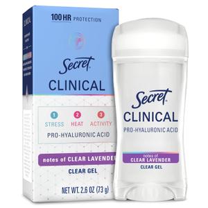 Secret Clinical Strength Antiperspirant Deodorant for Women, 100hr Sweat & Odor Protection, 3X Stress Protection with Hyaluronic Acid, PH Balancing Minerals, Clear Gel, Clear Lavender Scent, 2.6 oz