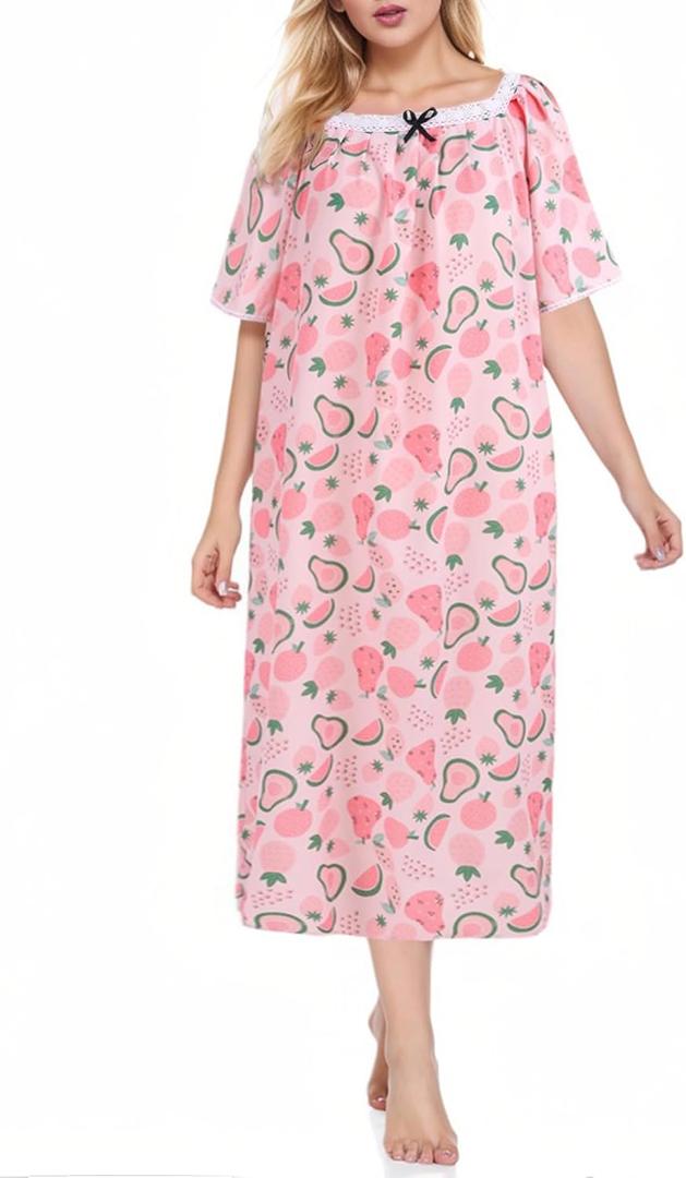 WBQ Plus Size Nightgowns For Women Floral Printed Short Sleeve Bow Tie Nightdress Lace cuff and Neckline Sleepwear (3X-Large, Pink Fruit Pattern)