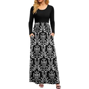 DB MOON Women Casual Long Sleeve Maxi Dresses Empire Waist Long Dress with Pockets (Large, Black and White)