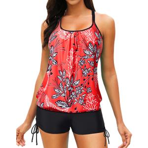 Yonique Womens Blouson Tankini Swimsuits Two Piece Strappy Bathing Suit Tops with Shorts Criss Cross Swimwear