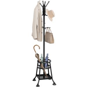 Coat Rack Freestanding,Heavy Duty Coat Tree with Umbrella Holder,Multi-Functional Metal Hall Tree with 12 Hooks and Stand Elegant Storage for Coats,Hats,Bags in Entryway,Bedroom,Office(Black)