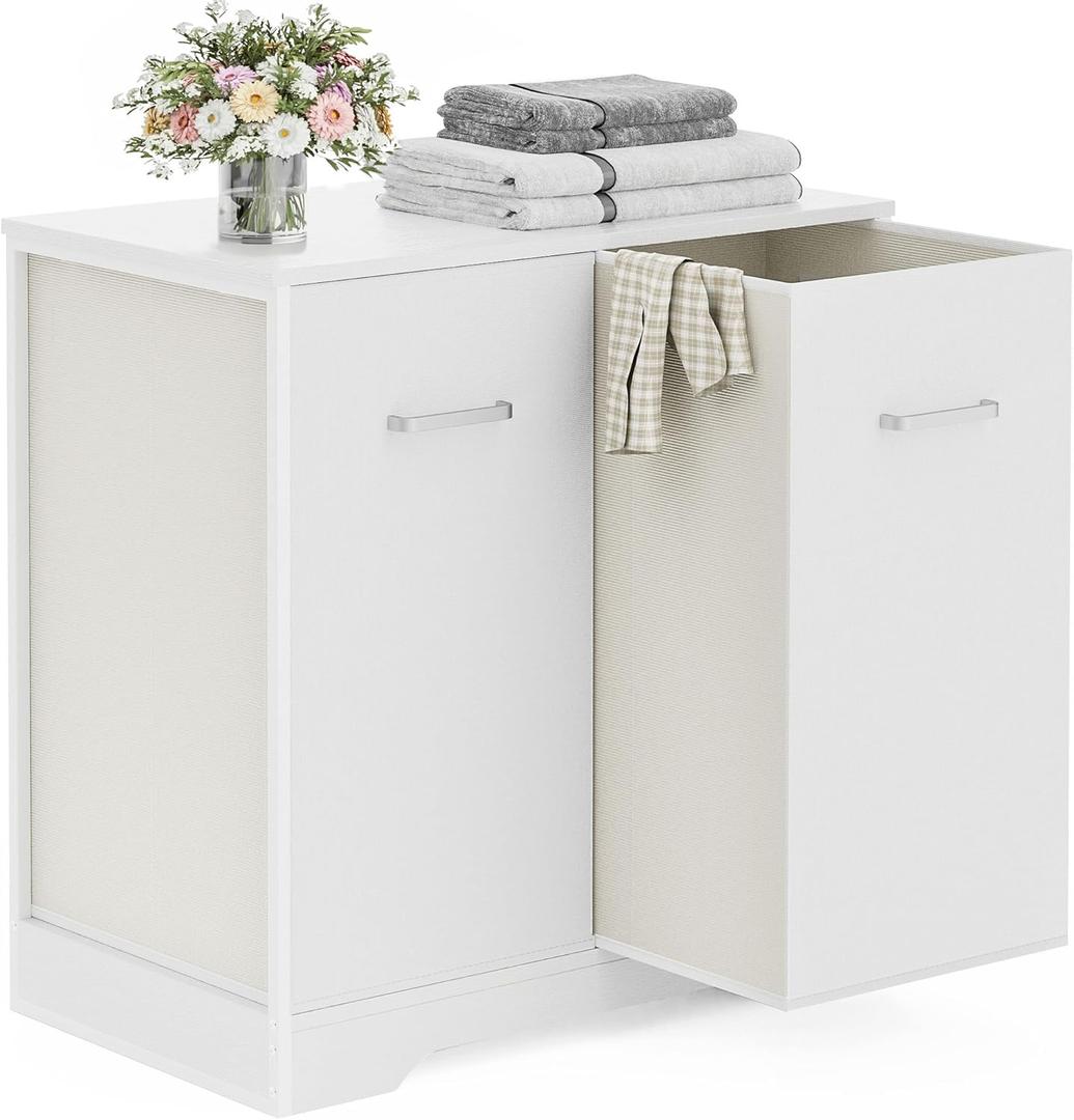 Double Pull-Out Laundry Hamper Cabinet; 120L Laundry Basket for Bathroom,Laundry Room; Laundry Sorter with 2 Pull-Out and Removable Bags (White)