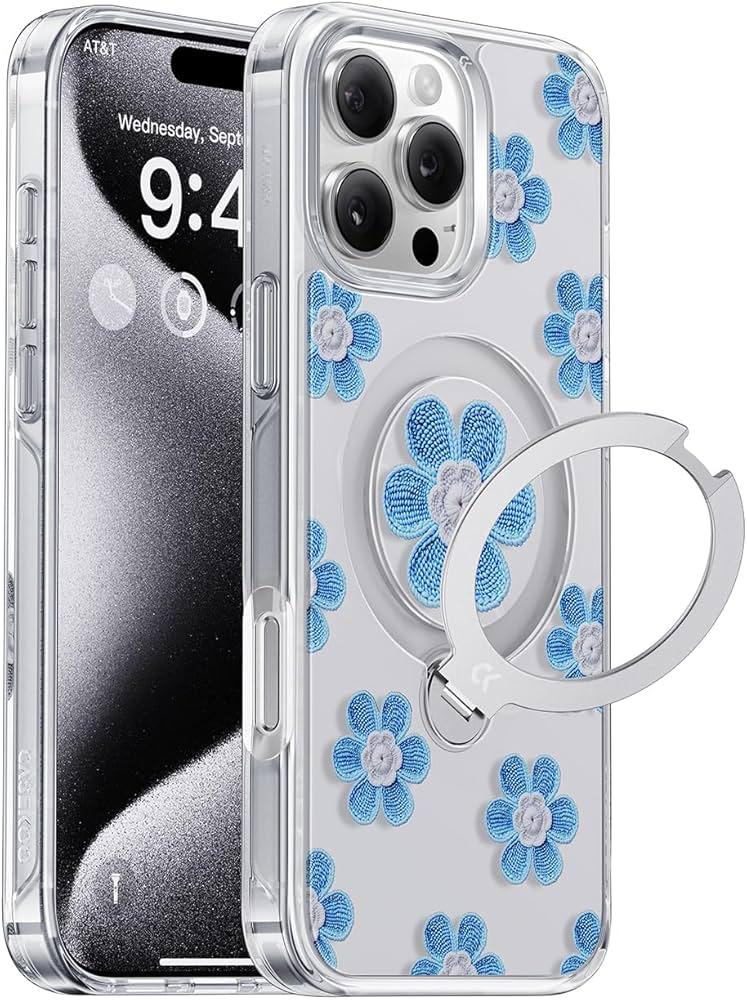 CASEKOO Floral Series Blue Flowers for iPhone 16 Pro Max Case with Magnetic Ring Stand [Compatible with MagSafe] [Military-Grade Protection] Fashion Clear Back, Soft Edge, for Women