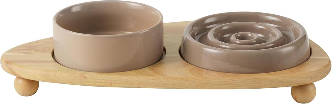 Ceramic Slow Cat Feeder Bowl, Raised Slow Cat Food Bowl, Elevated Cat Water Bowl with Wooden Stand, Pet Slow Feeder Bowl, Circle Shape. (2 x Bowl with Stand - Brown Coffee, 6inch)