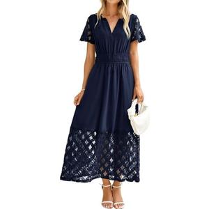 Simplee Womens 2025 Summer Boho Maxi Dress V Neck Empire Waist Long Flowy Dresses with Pockets XL