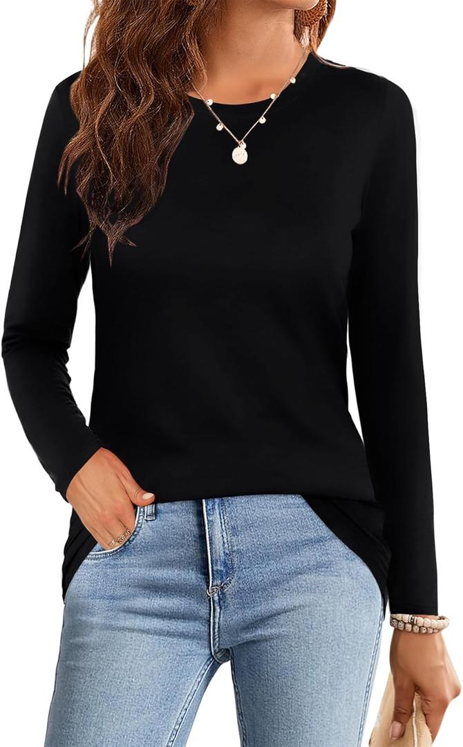 Elesomo Womens Tops Short/Long Sleeve T-Shirts Fitted Crewneck Tee (Medium, A1: Black)