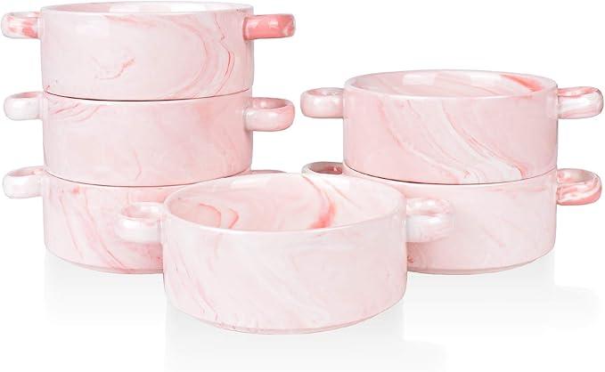 Bosmarlin Ceramic Marbling Souffle Dishes, Dould Handle Ramekin for Baking, Set of 4 (Marbling Pink, 10 Oz)