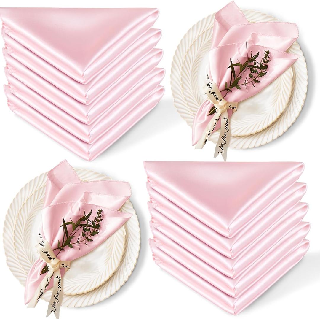 12 Pack Satin Table Cloth Napkins, 17x17 Inch Blush Pink Silky Wedding Napkins Cloth Washable, Luxury Dining Table Cloth Napkins Set for Birthday Holiday Party Dinner Restaurant (Blush Pink)
