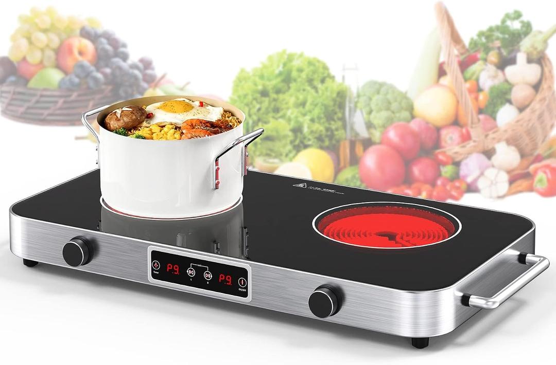 VBGK Cooktop,110V 2200W Stove with Knob Control,9 Power Levels, Kids Lock & Timer,LED touch control,Overheat Protection Stove Top,12 Inch desktop 2 burner cooktop