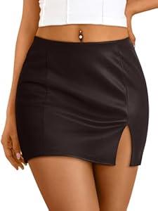 LILLUSORY Womens Leather Mini Fall Skirt with Slit Brown, Medium